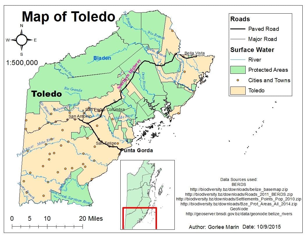 karte toledo rajona Beliza